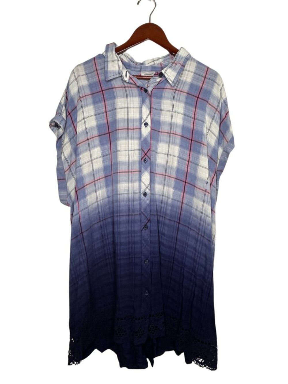 avenue womens blouse shirt 26/28 plus plaid blue pink white button front NEW